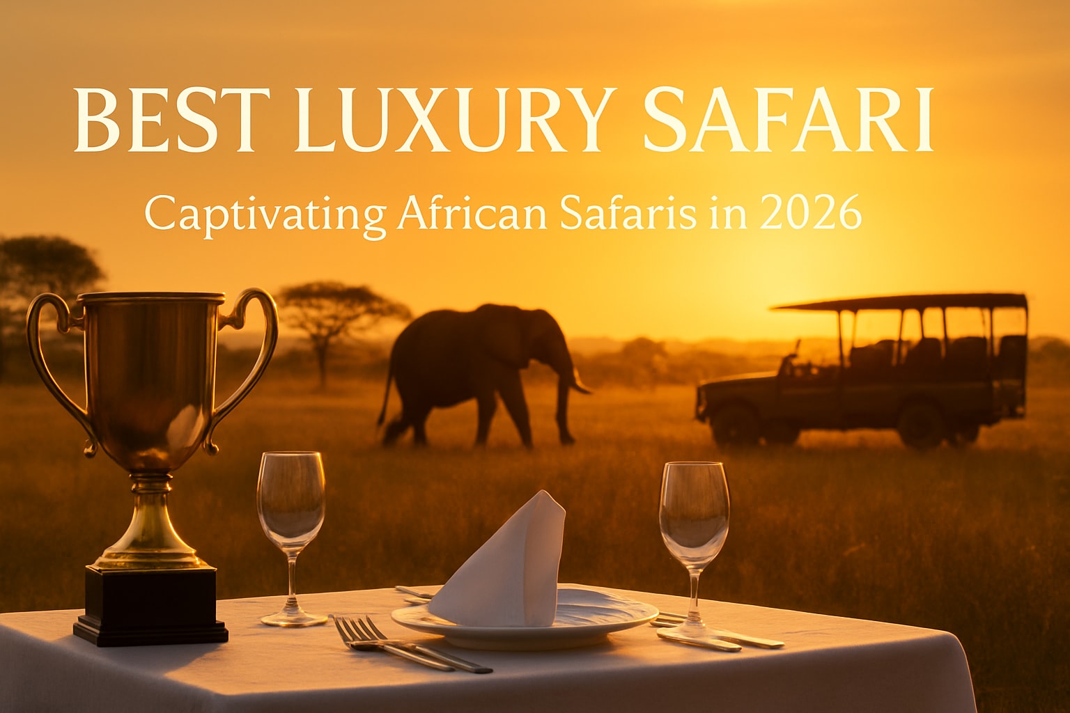 Best luxury safari setting with elegant dining table, trophy, and elephant silhouette at sunset, highlighting captivating African safari experiences for 2026.