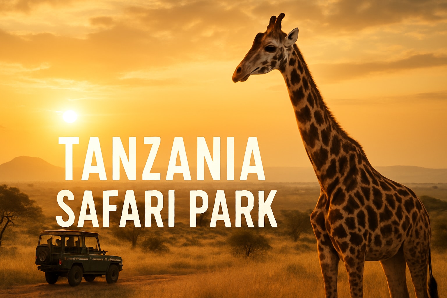 Giraffe in Tanzania Safari Park at sunset, highlighting luxury safari experiences and wildlife adventures.