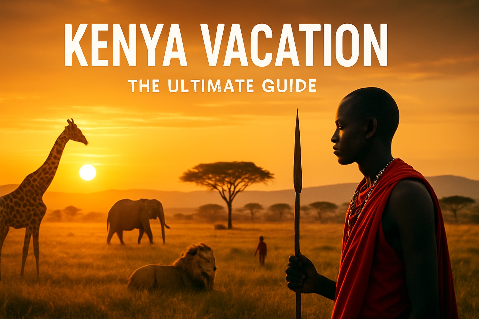 Kenya vacation scene featuring a Maasai warrior with a spear, giraffes, elephants, and a lion against a vibrant sunset, illustrating luxury safari experiences in Africa.