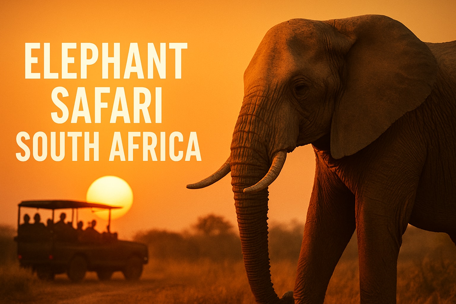 Elephant safari in South Africa at sunset with safari vehicle in background, highlighting luxury wildlife experiences.