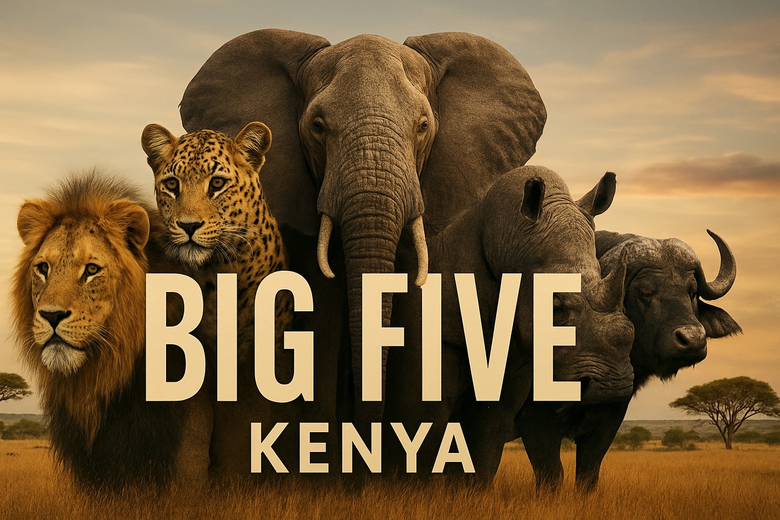 Big Five wildlife collage featuring a lion, leopard, elephant, rhinoceros, and buffalo with the text "BIG FIVE KENYA," emphasizing luxury safari experiences in Kenya for 2026 adventures.