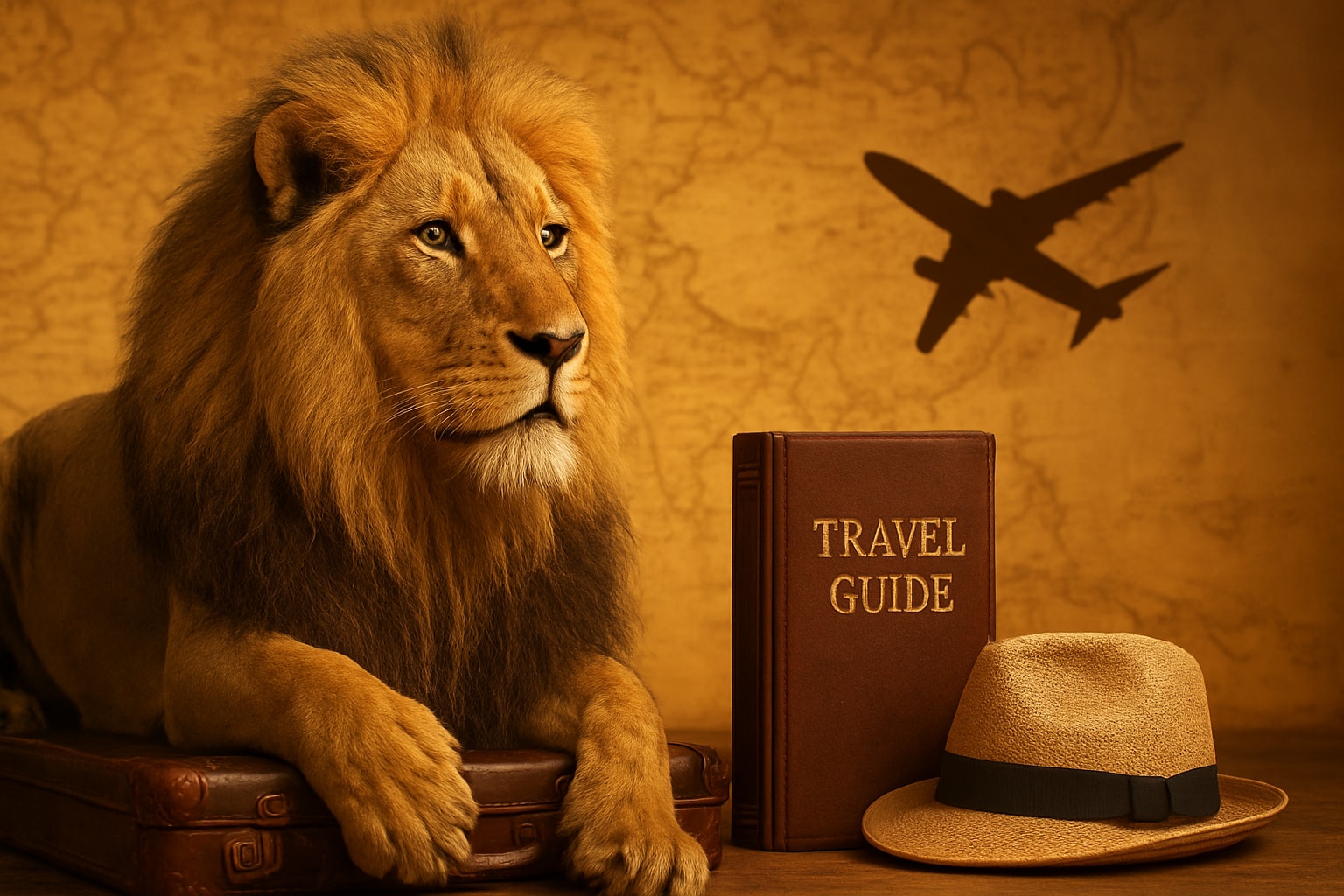 Lion resting beside a travel guide book and a straw hat, with an airplane silhouette in the background, symbolizing luxury safari adventures in Africa.