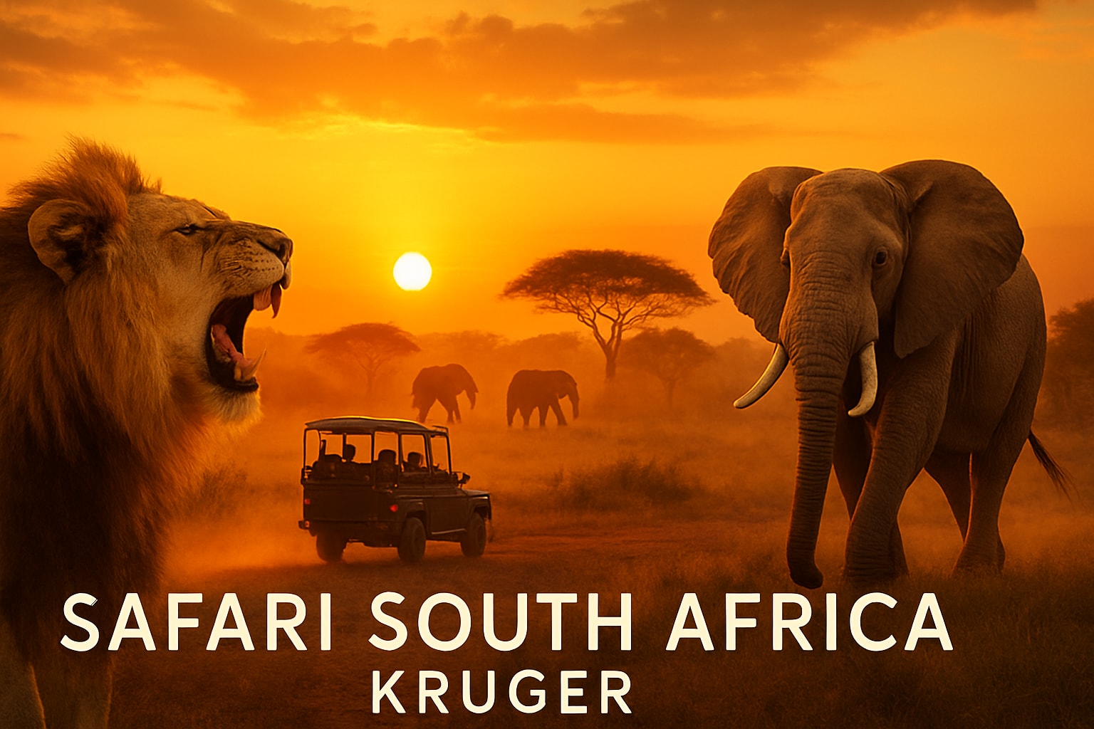 Lion roaring with sunset backdrop, elephant in proximity, safari vehicle nearby, showcasing South Africa's Kruger National Park wildlife.