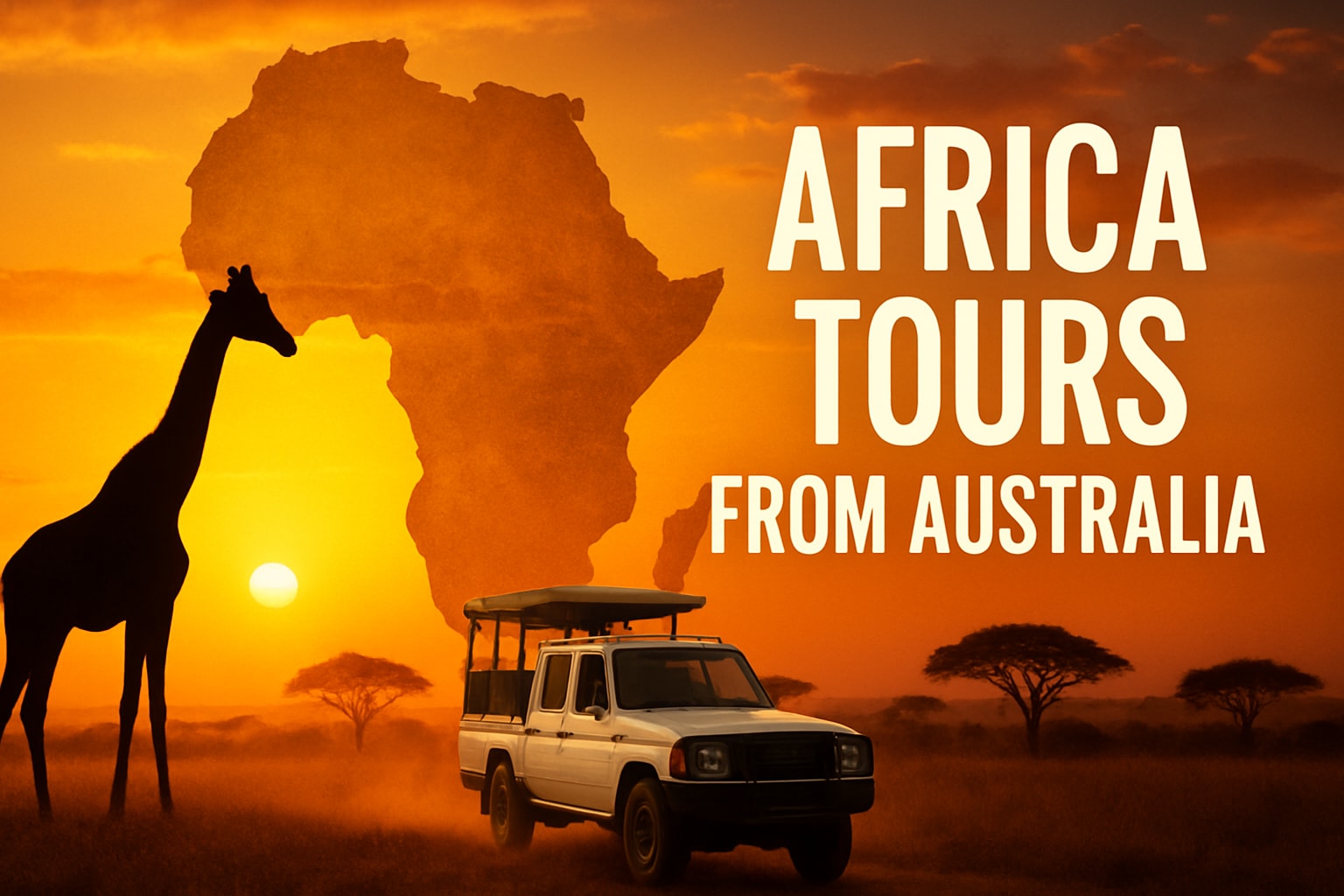Giraffe silhouette and safari vehicle against sunset backdrop with Africa map, promoting luxury Africa tours from Australia.