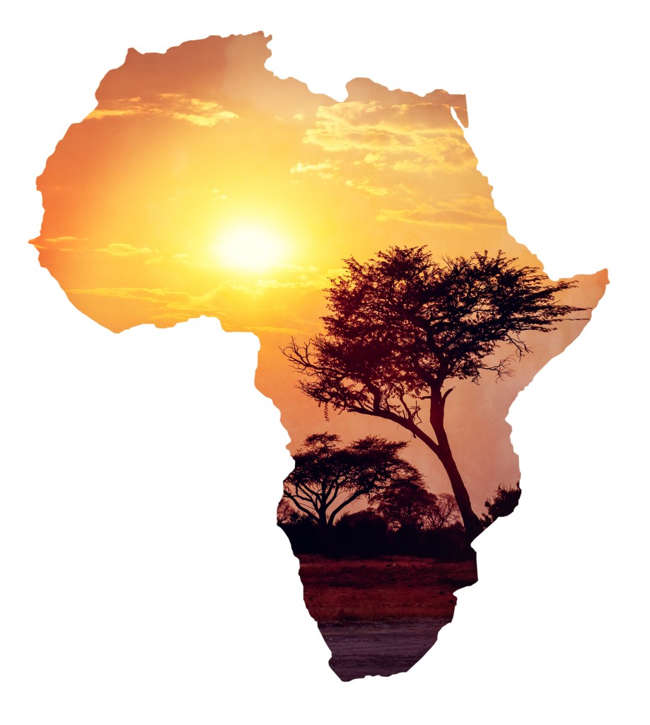 Silhouette of the African continent filled with a sunset scene featuring trees.