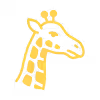 A stylized yellow silhouette of a giraffe's head on a black background.