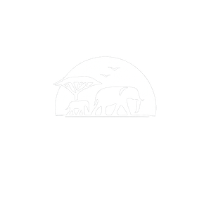 A stylized black and white illustration of an elephant and a calf walking under a tree, with a sun setting in the background.