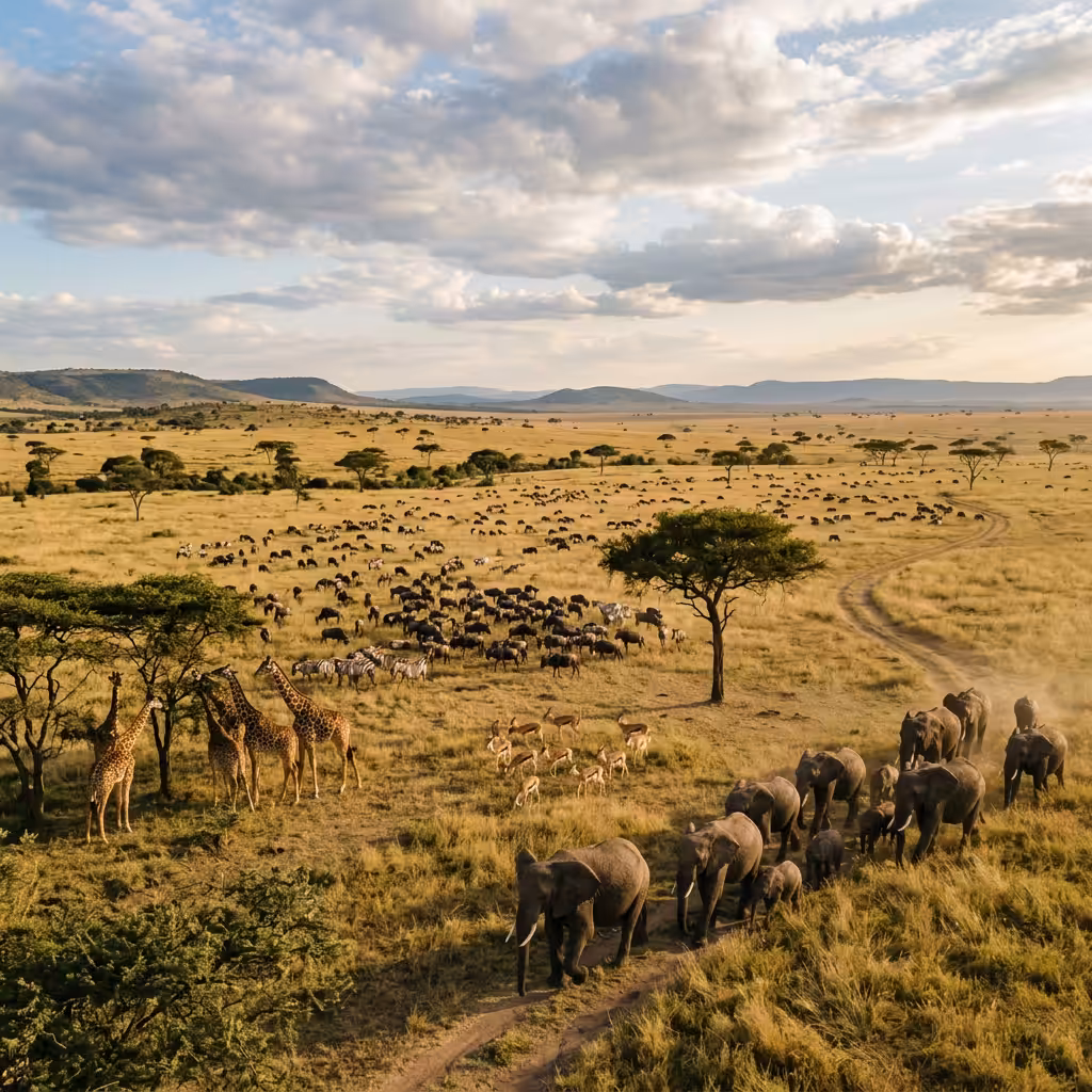 Elephants walking along a dirt path with giraffes, zebras, and antelopes in a vast grassy savanna under a partly cloudy sky