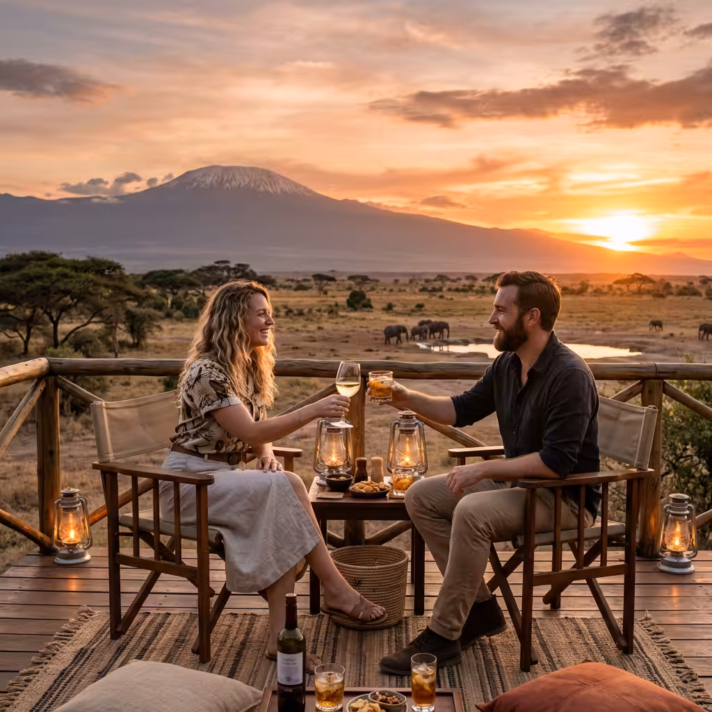 Couple toasting drinks on a deck with elephants and Mount Kilimanjaro in background at sunset