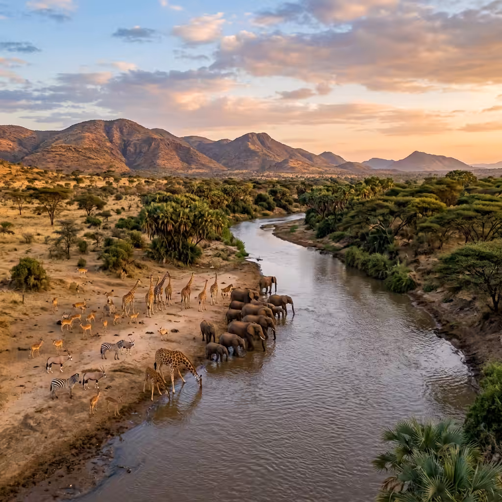 Samburu National Reserve landscape with wildlife and river